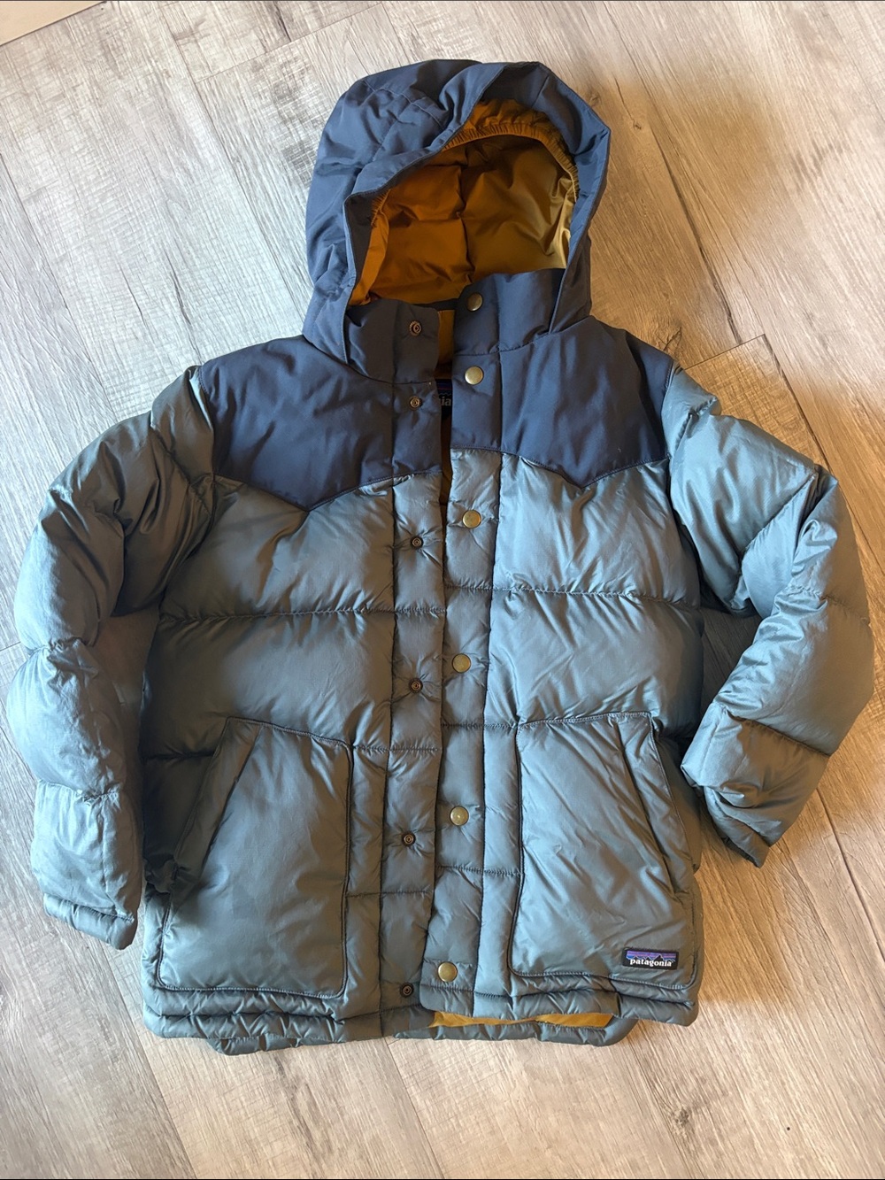 Patagonia Kids Puffy Hooded Jacket in Gray with Navy Yoke